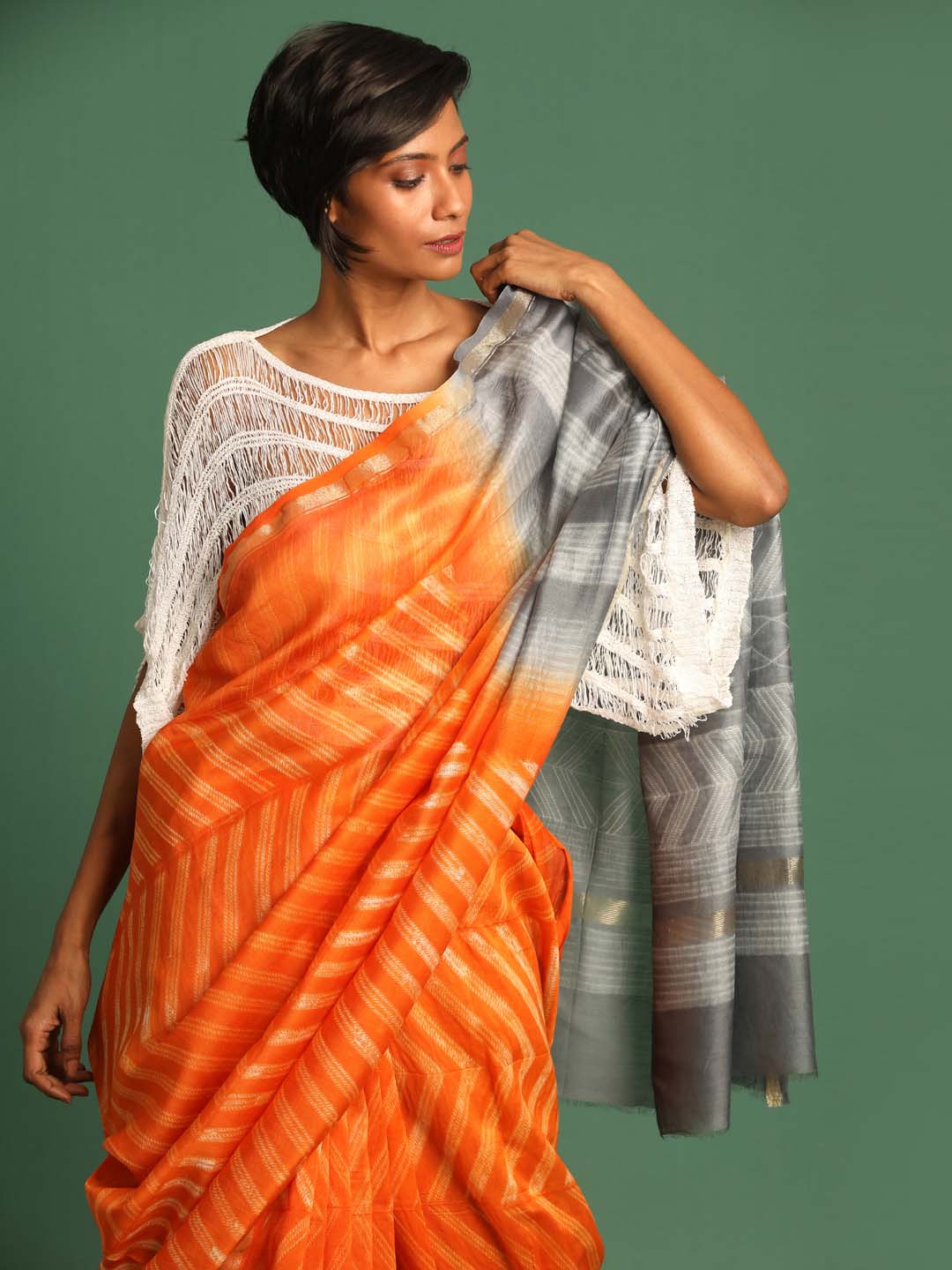 Indethnic Shibori Silk Cotton Saree in Orange - View 2