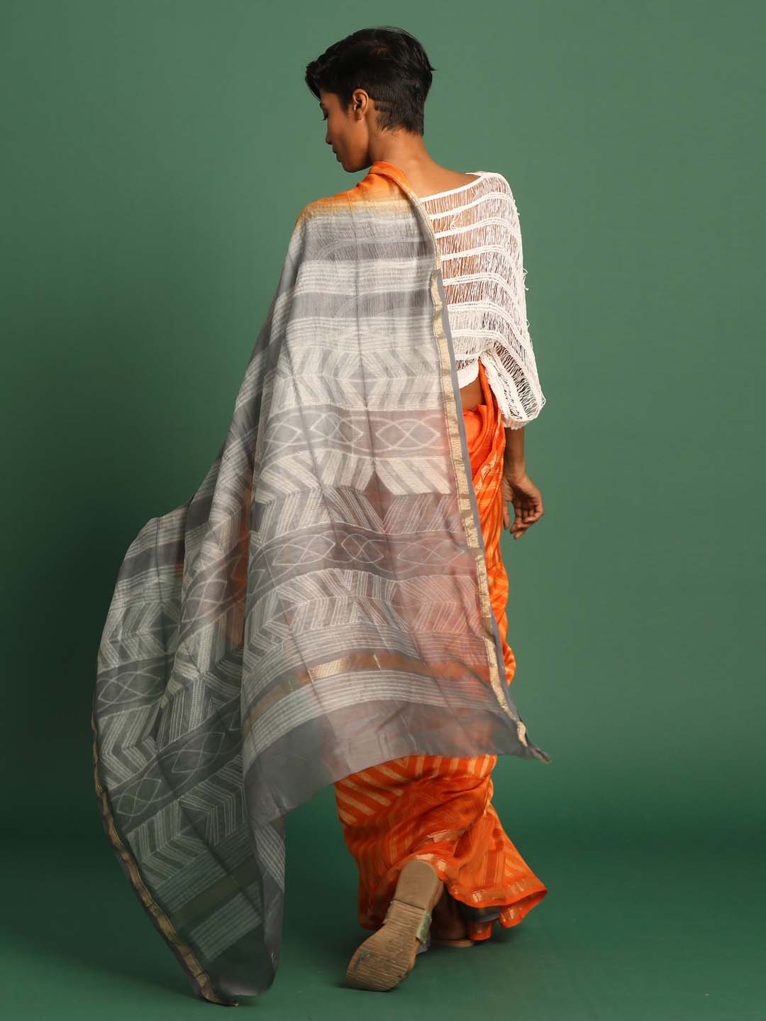 Indethnic Shibori Silk Cotton Saree in Orange - View 3