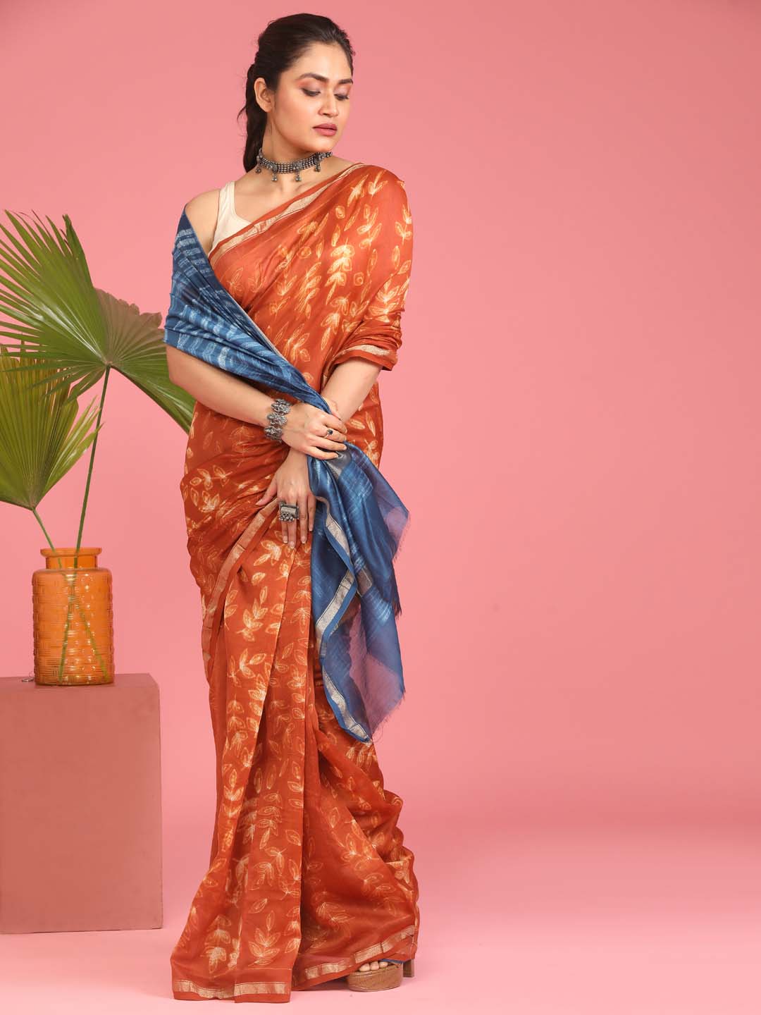 Indethnic Shibori Silk Cotton Saree in Rust - View 1