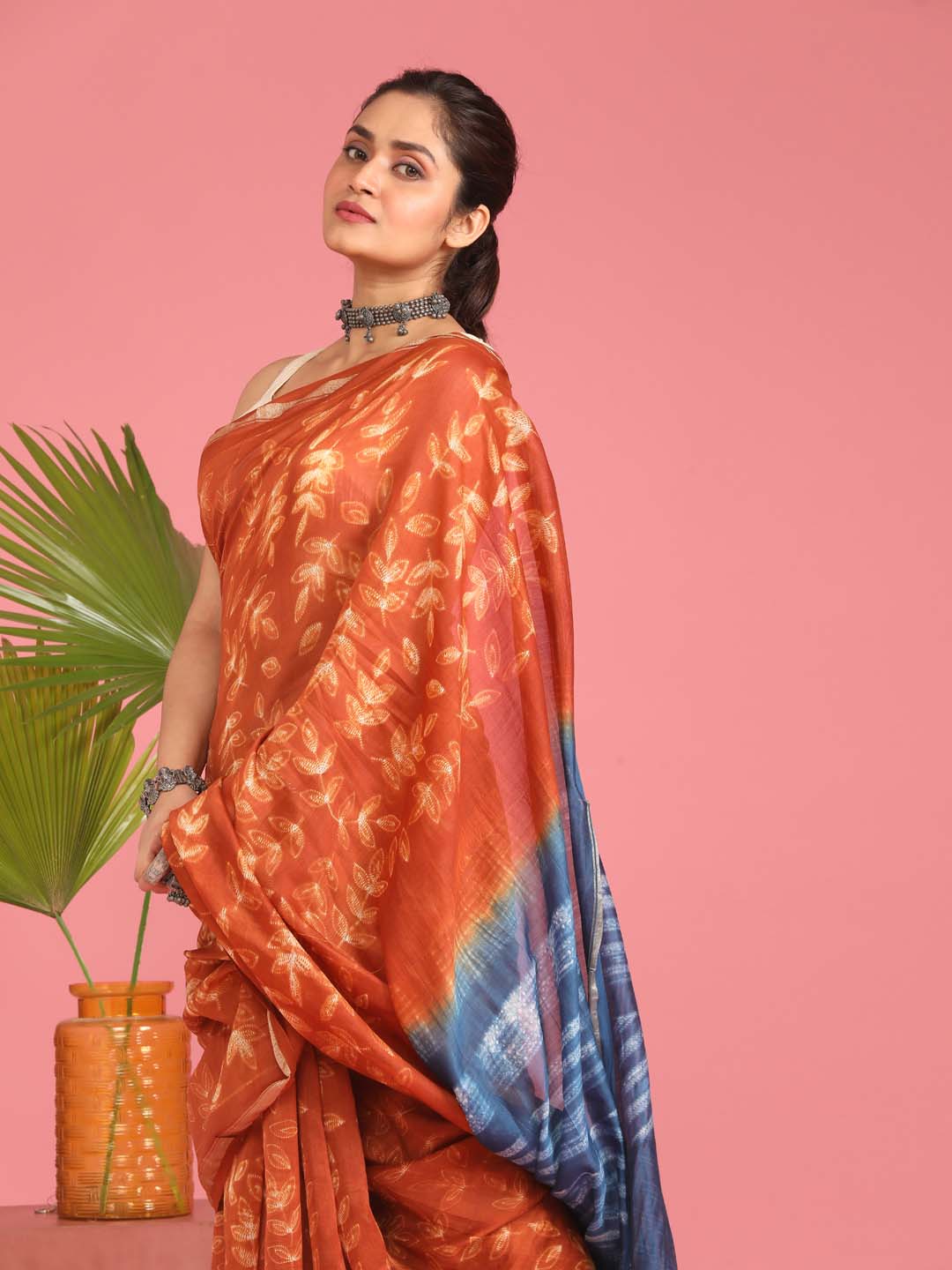 Indethnic Shibori Silk Cotton Saree in Rust - View 2