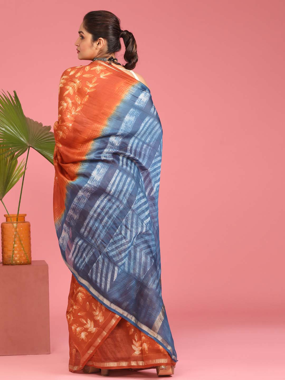 Indethnic Shibori Silk Cotton Saree in Rust - View 3