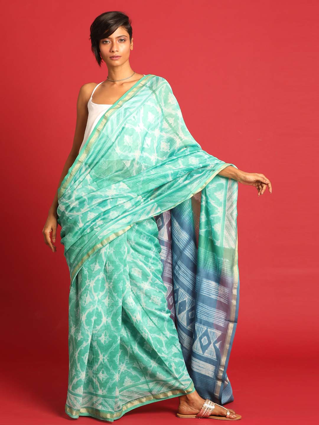 Indethnic Shibori Silk Cotton Saree in Sea Green - View 1