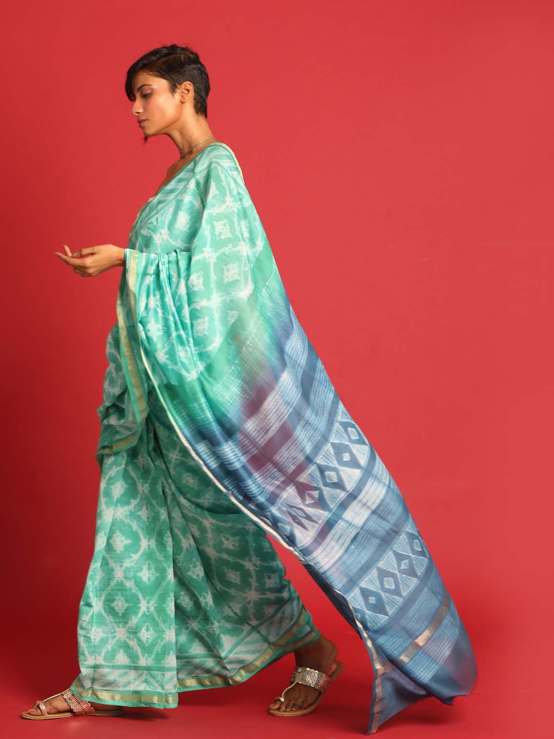 Indethnic Shibori Silk Cotton Saree in Sea Green - View 2