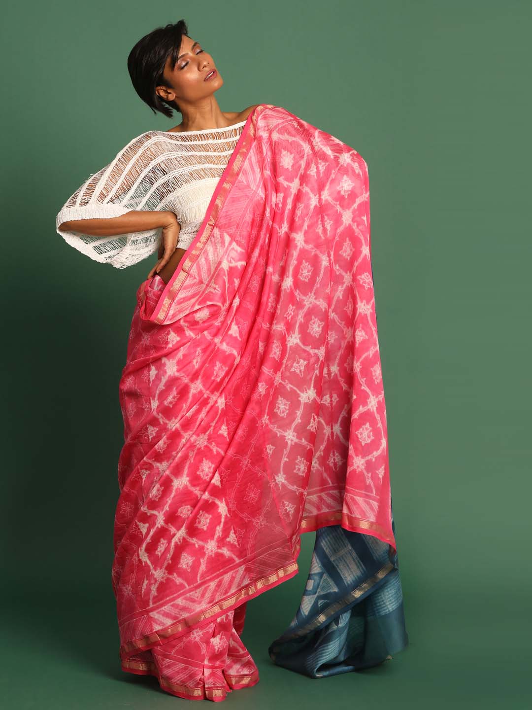 Indethnic Shibori Silk Cotton Saree in Pink - View 1