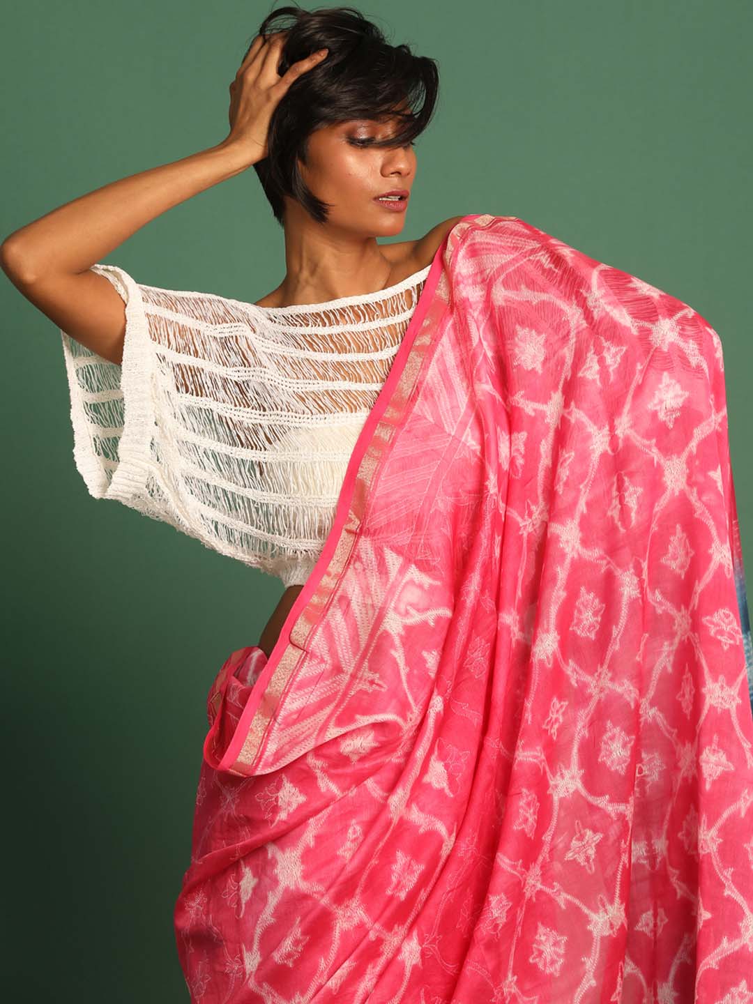 Indethnic Shibori Silk Cotton Saree in Pink - View 1
