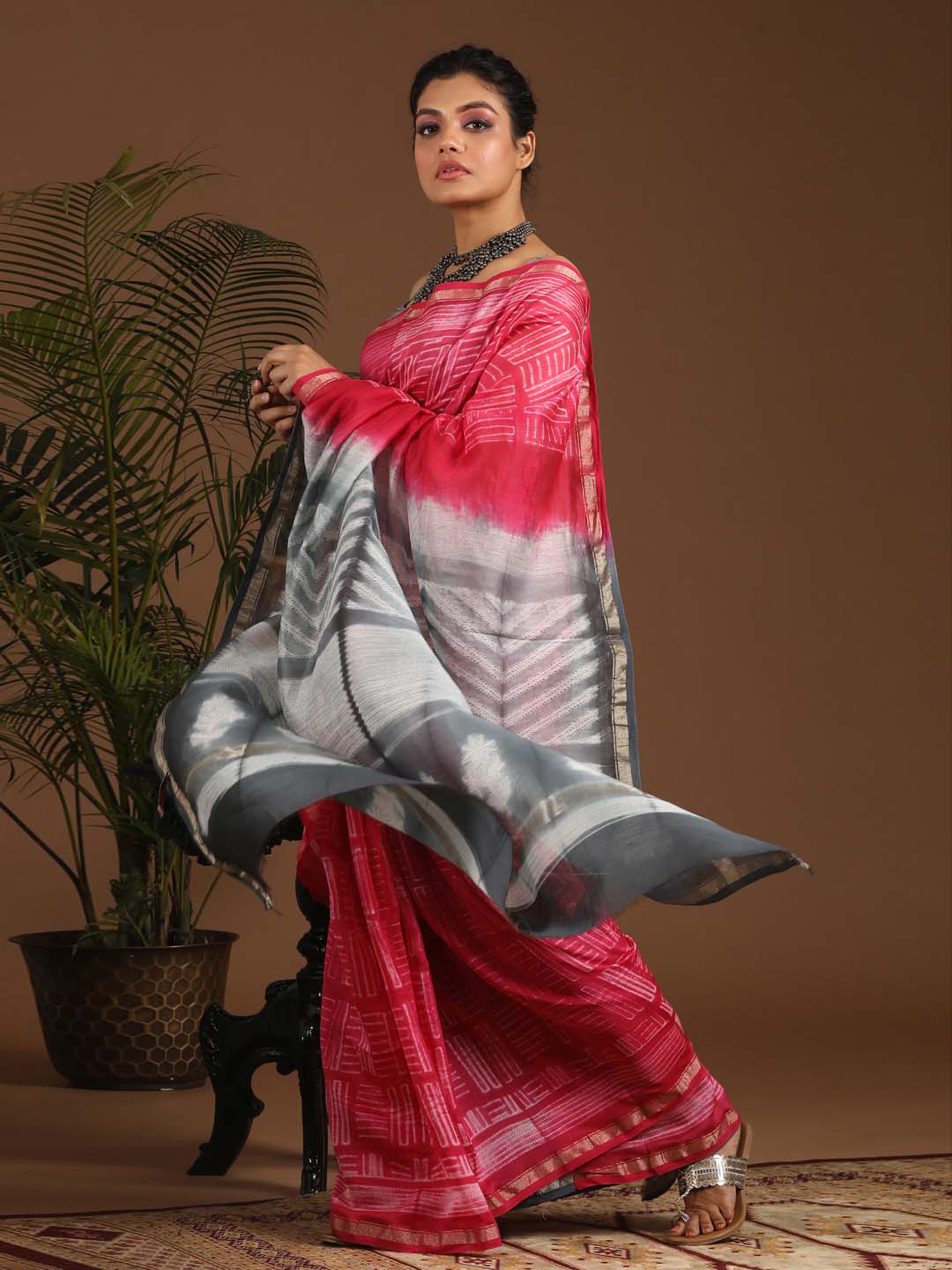 Indethnic Shibori Silk Cotton Saree in Pink - View 1