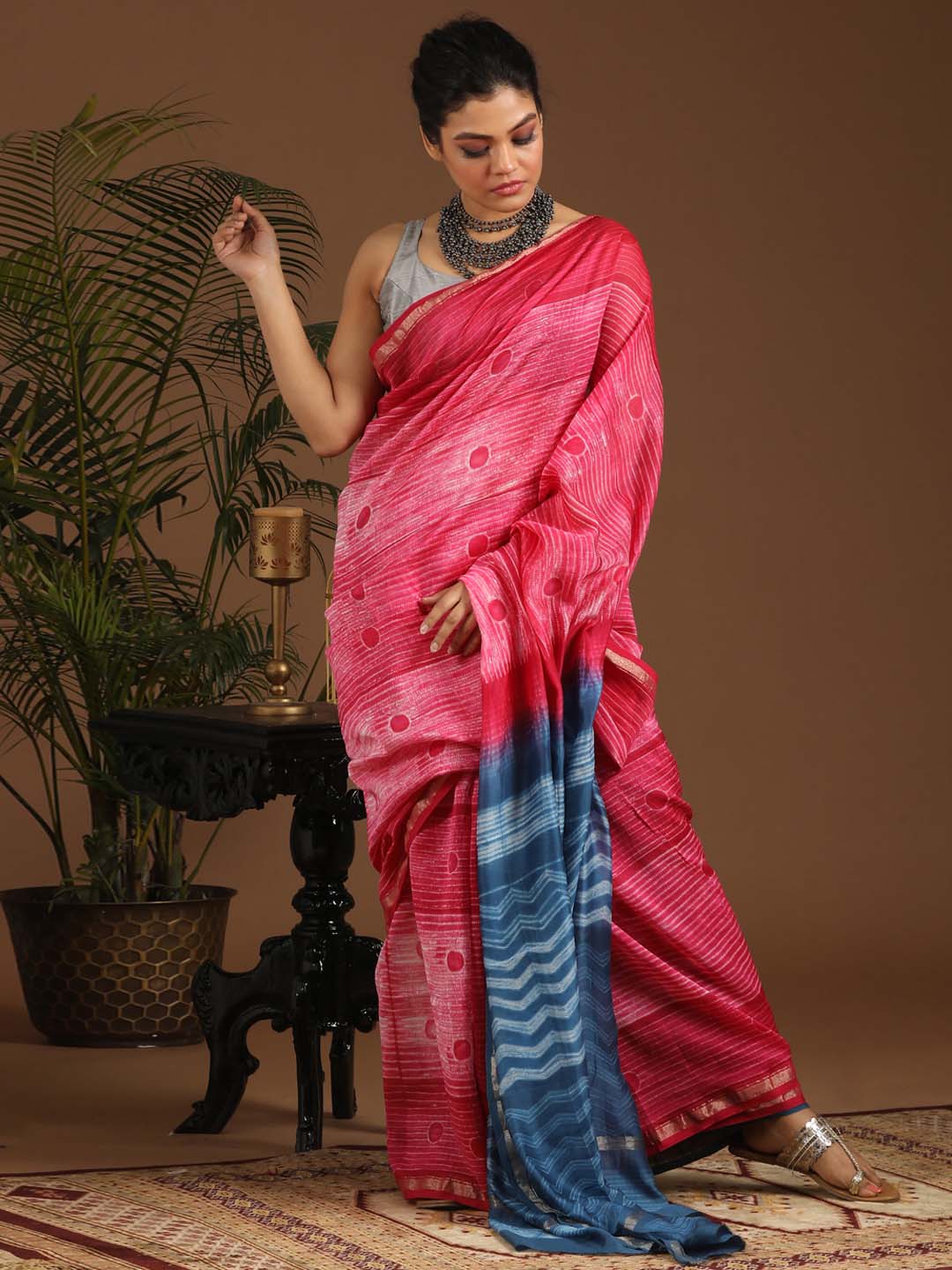 Indethnic Shibori Silk Cotton Saree in Pink - View 1