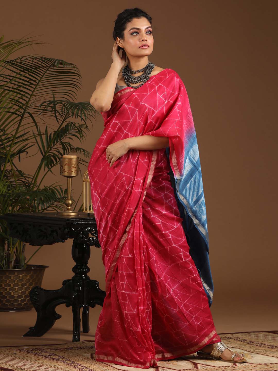 Indethnic Shibori Silk Cotton Saree in Pink - View 1