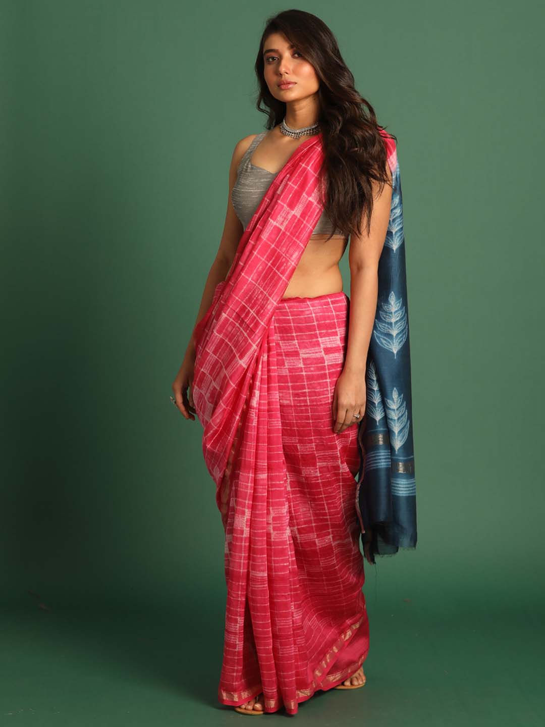 Indethnic Shibori Silk Cotton Saree in Pink - View 1