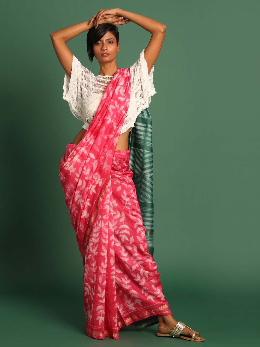 Indethnic Shibori Silk Cotton Saree in Pink - View 1