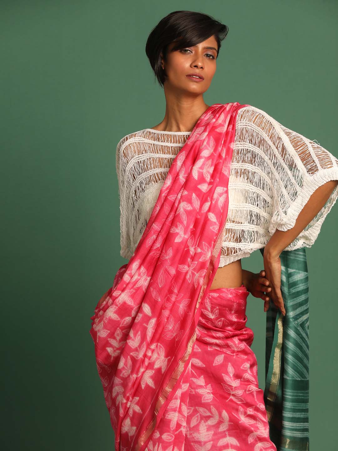 Indethnic Shibori Silk Cotton Saree in Pink - View 2