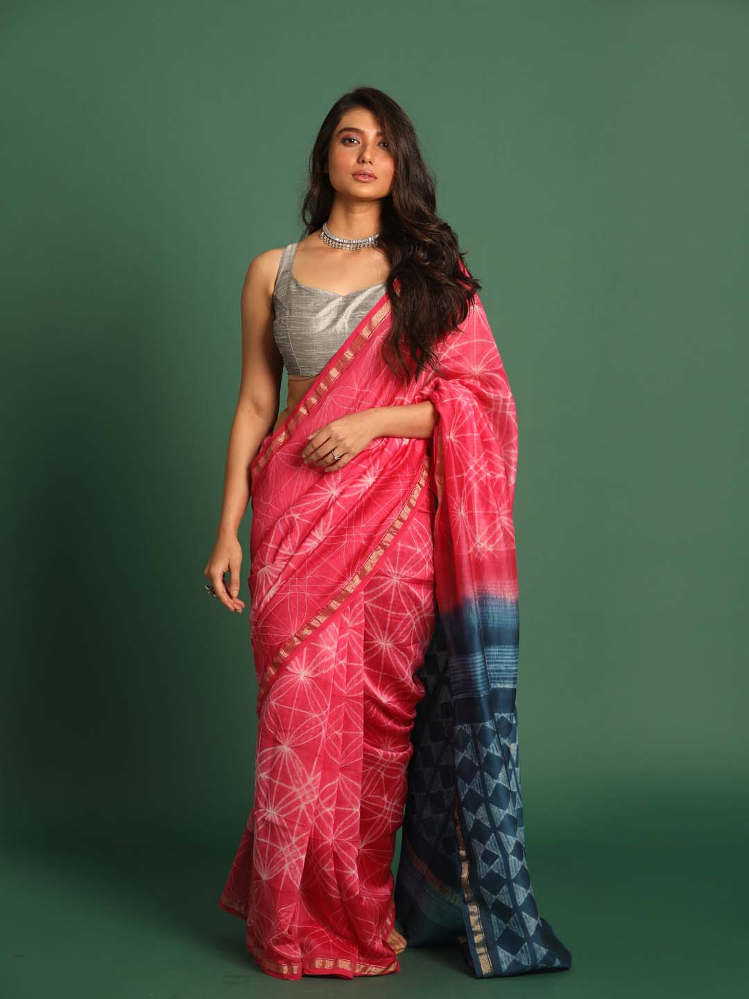 Indethnic Shibori Silk Cotton Saree in Pink - View 1