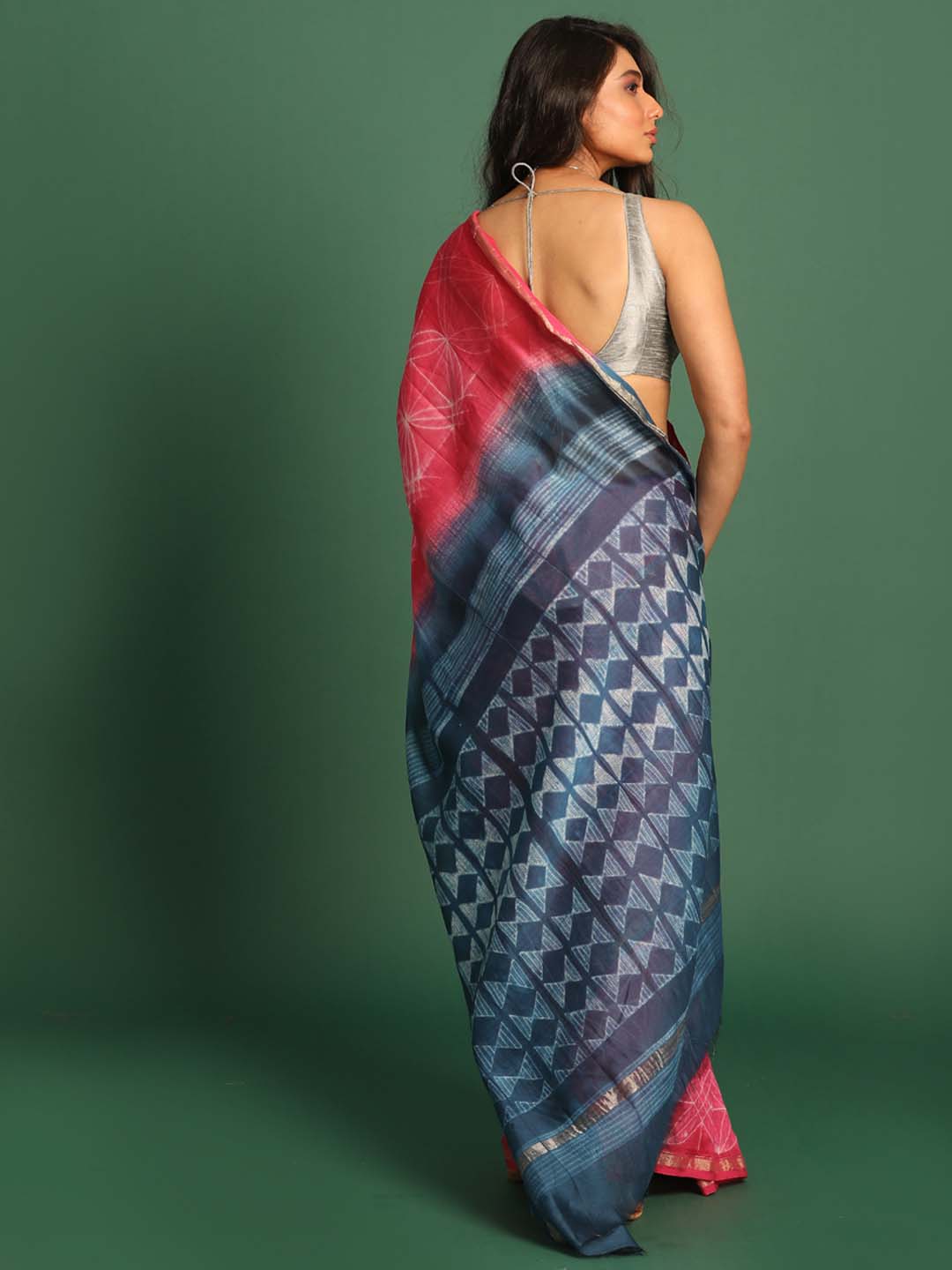 Indethnic Shibori Silk Cotton Saree in Pink - View 3