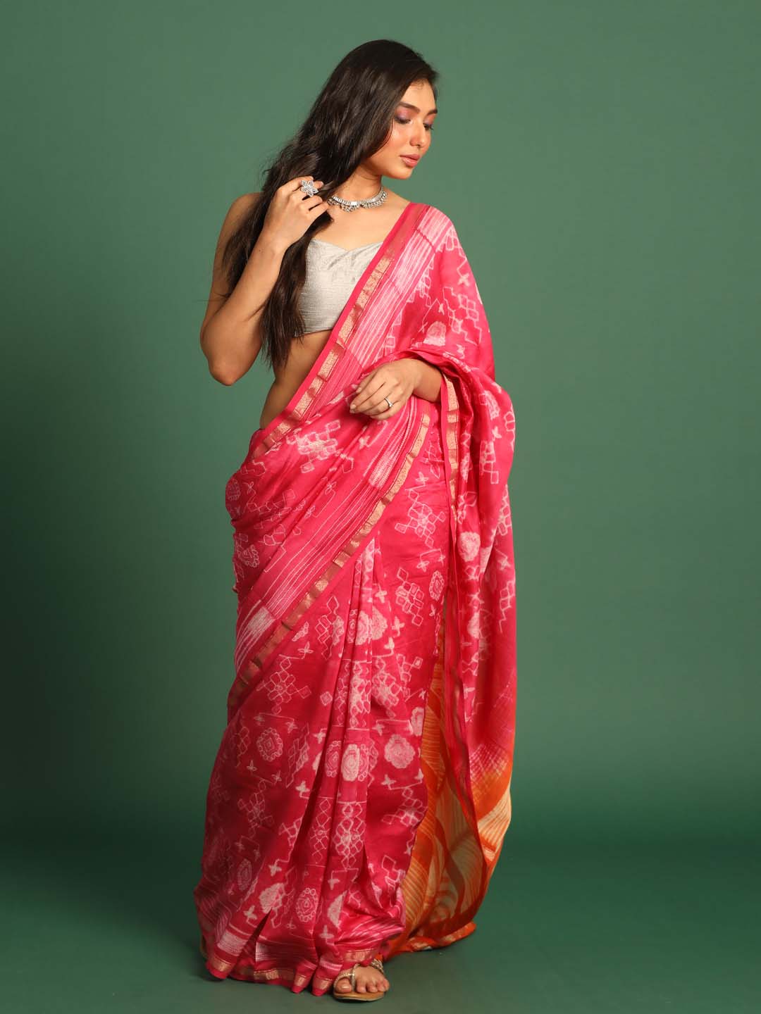 Indethnic Shibori Silk Cotton Saree in Pink - View 1