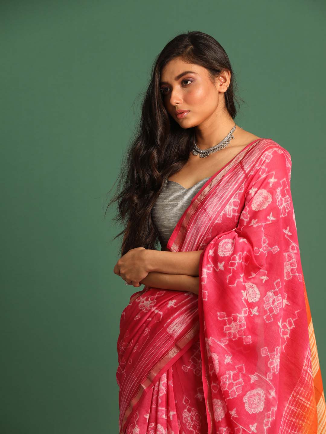 Indethnic Shibori Silk Cotton Saree in Pink - View 2