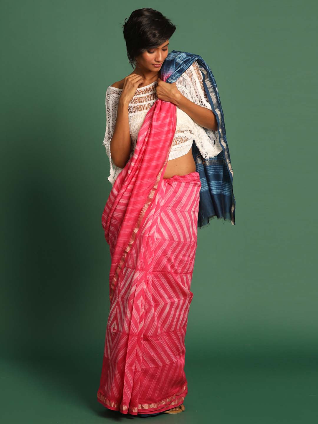 Indethnic Shibori Silk Cotton Saree in Pink - View 1