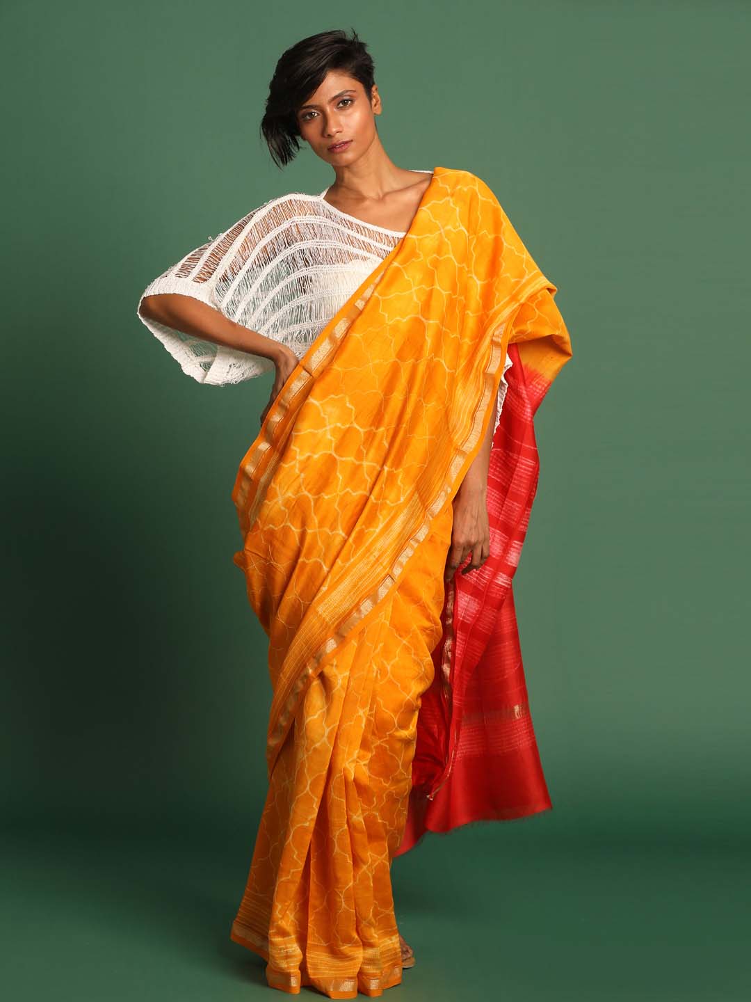 Indethnic Shibori Silk Cotton Saree in Yellow - View 1