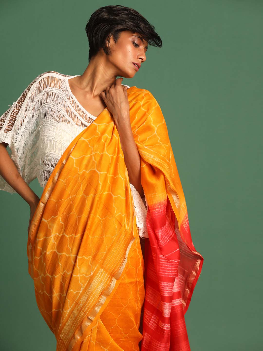 Indethnic Shibori Silk Cotton Saree in Yellow - View 2