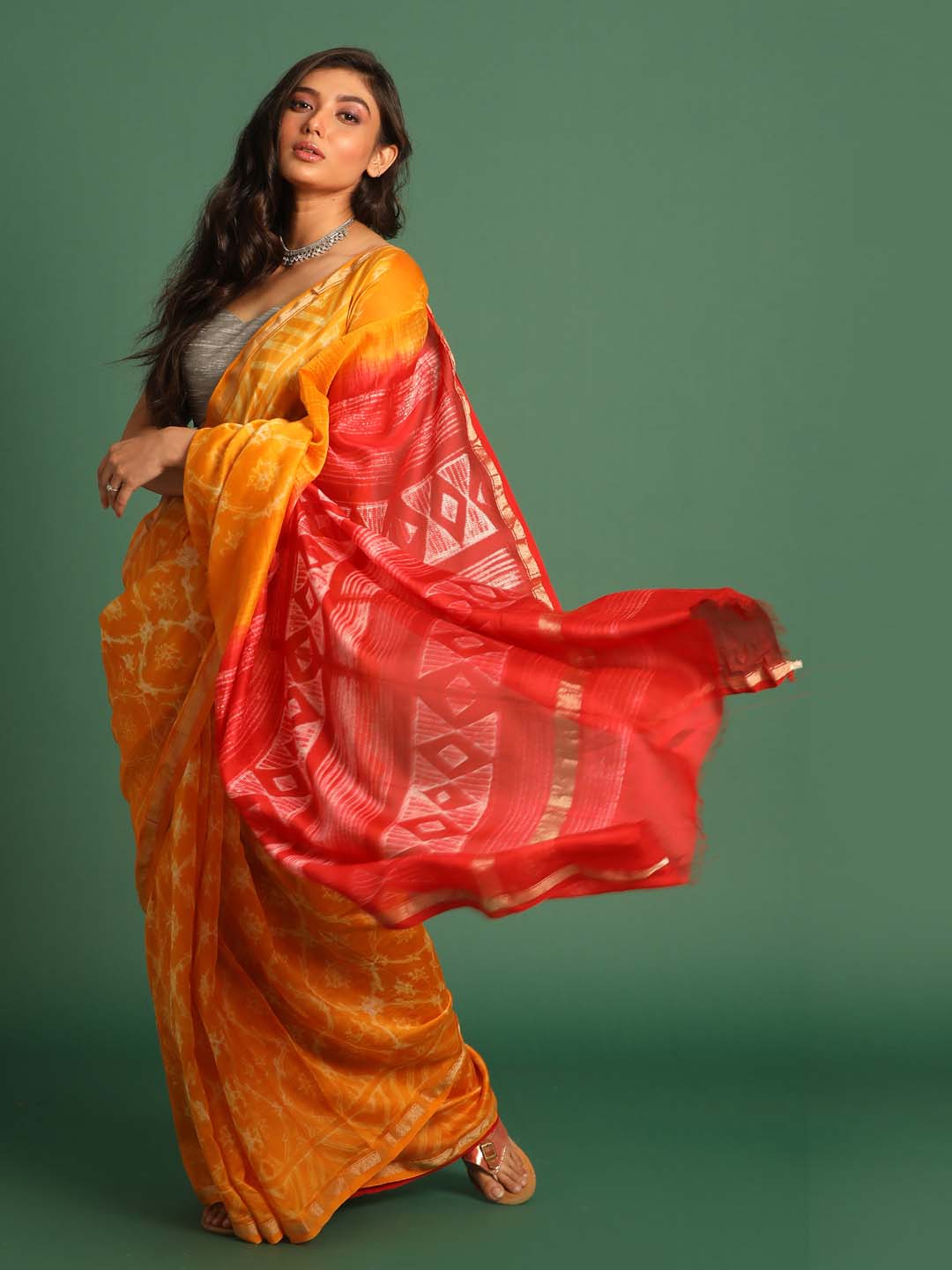 Indethnic Shibori Silk Cotton Saree in Yellow - View 1