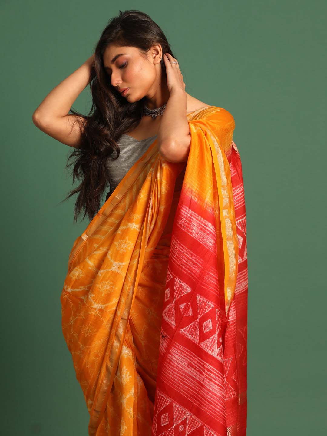 Indethnic Shibori Silk Cotton Saree in Yellow - View 2