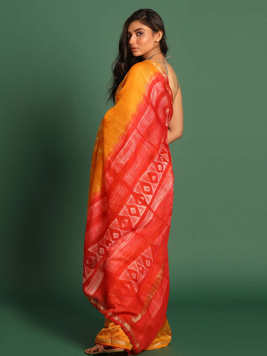 Indethnic Shibori Silk Cotton Saree in Yellow - View 3