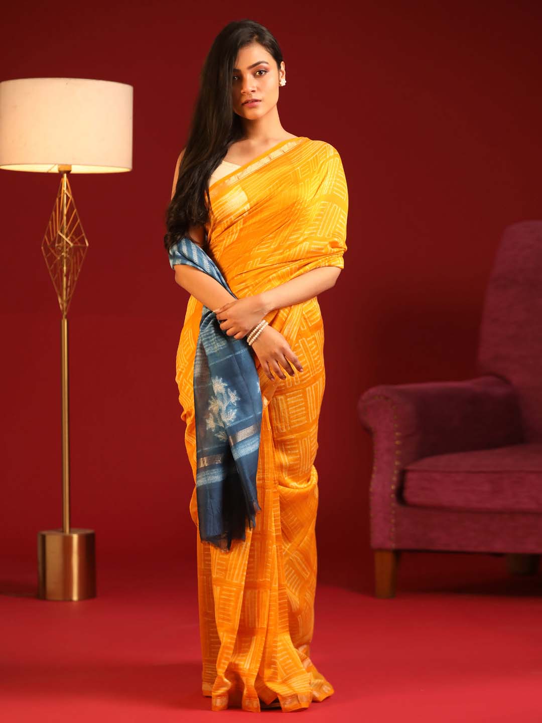 Indethnic Shibori Silk Cotton Saree in Yellow - View 1