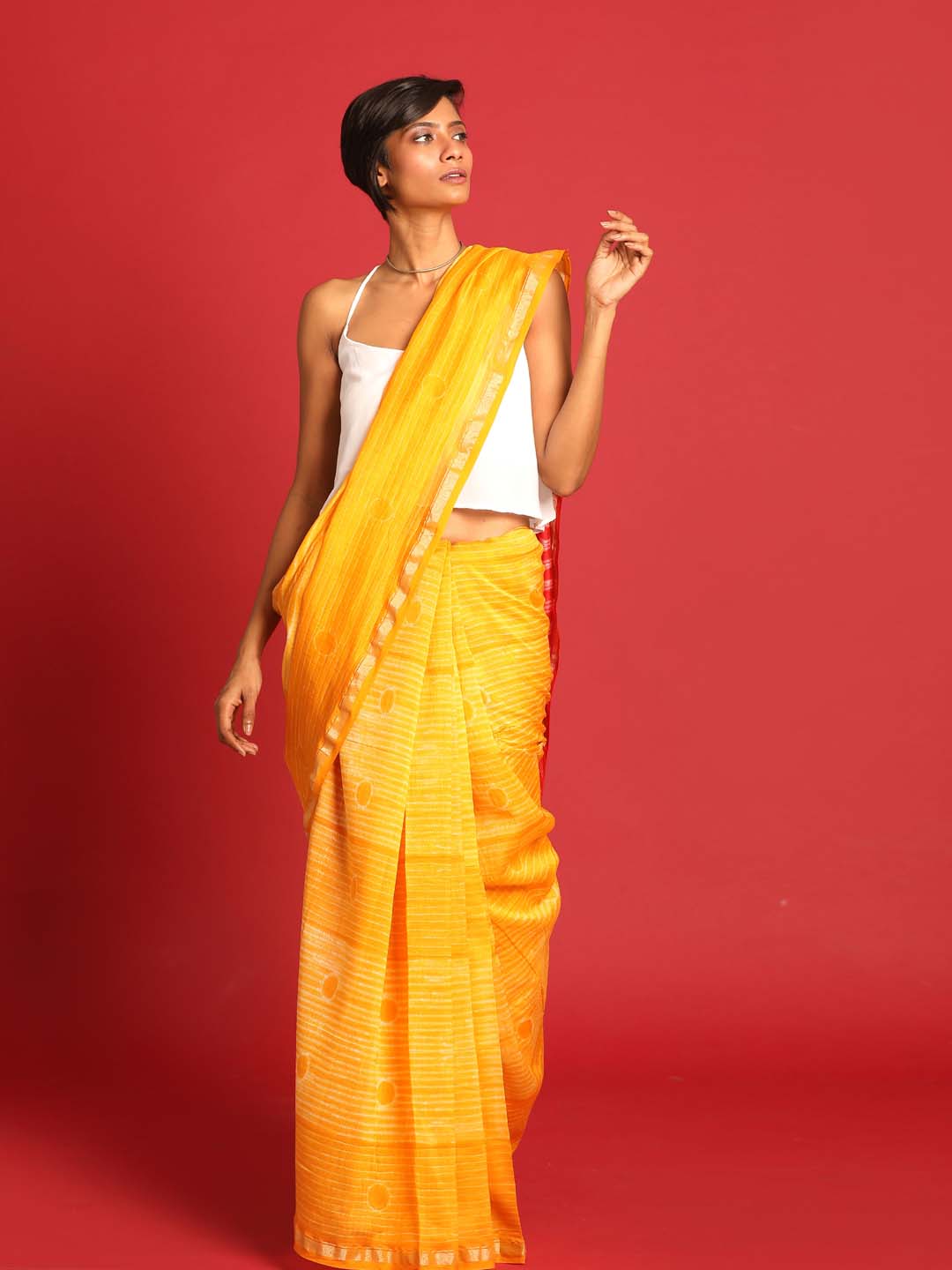 Indethnic Shibori Silk Cotton Saree in Yellow - View 1