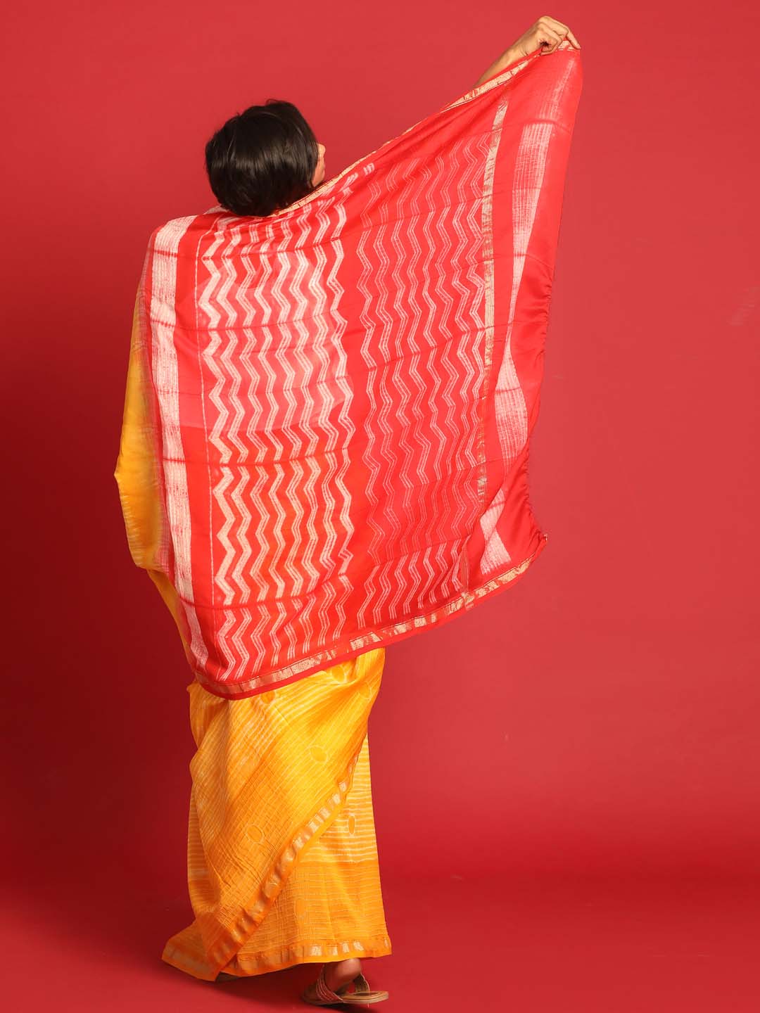 Indethnic Shibori Silk Cotton Saree in Yellow - View 3