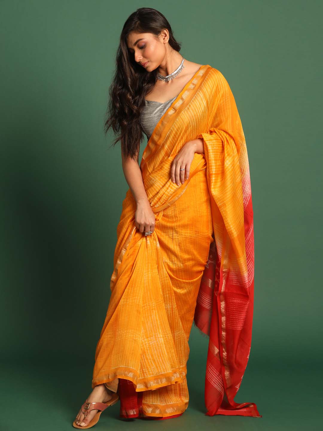 Indethnic Shibori Silk Cotton Saree in Yellow - View 1