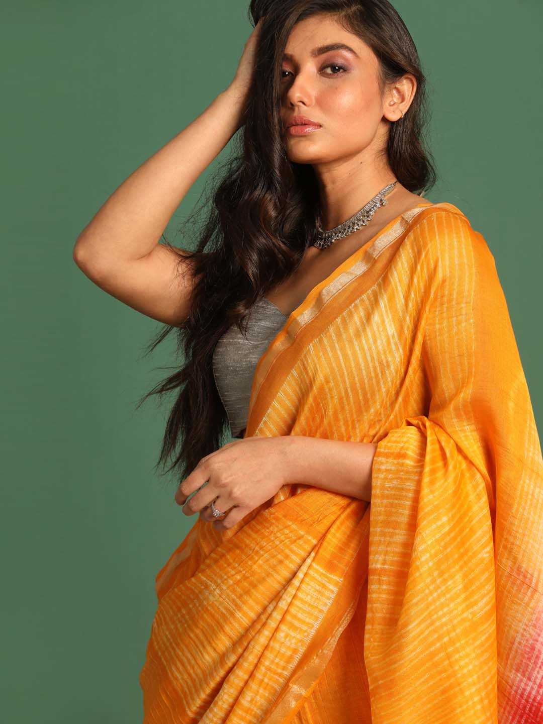 Indethnic Shibori Silk Cotton Saree in Yellow - View 2