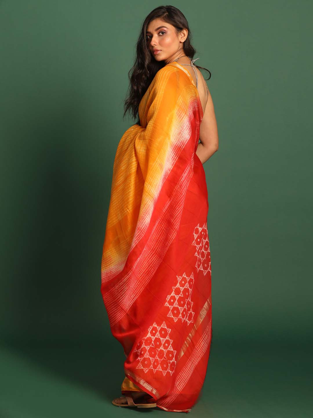 Indethnic Shibori Silk Cotton Saree in Yellow - View 3