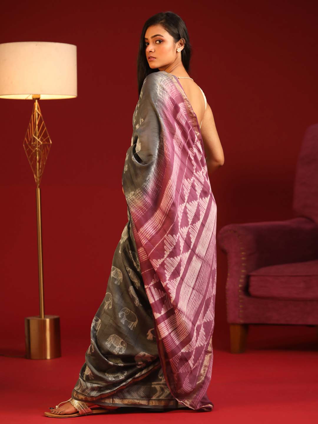 Indethnic Shibori Silk Cotton Saree in Steel Grey - View 3