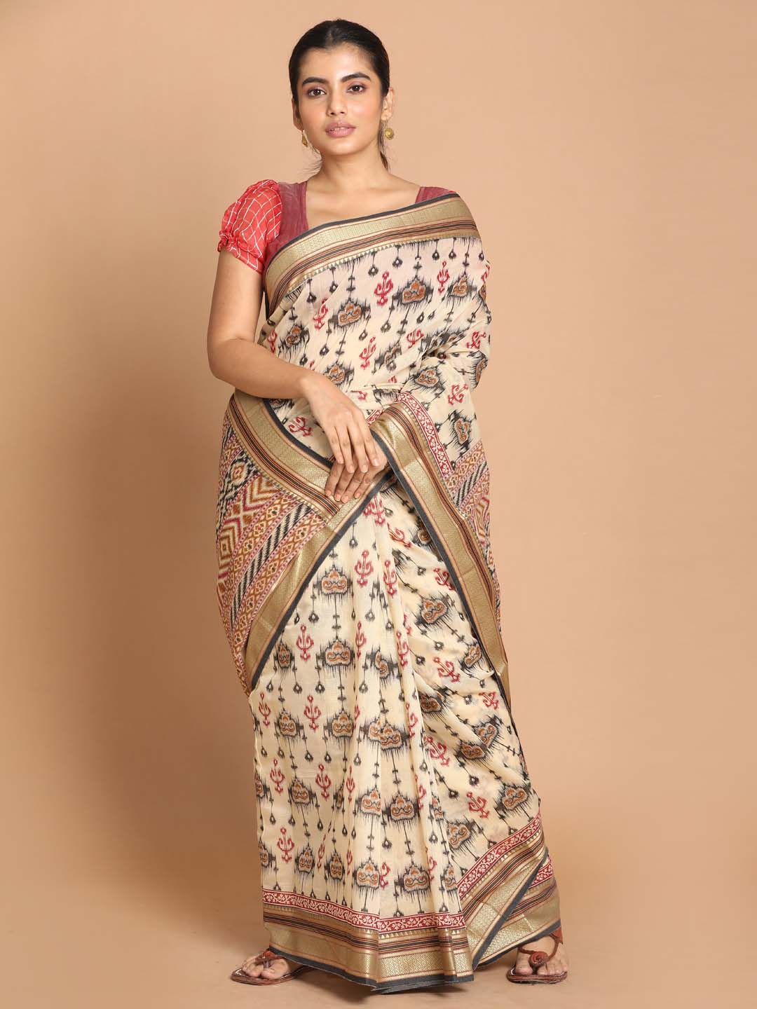 Indethnic Printed Pure Cotton Saree in Black - View 1