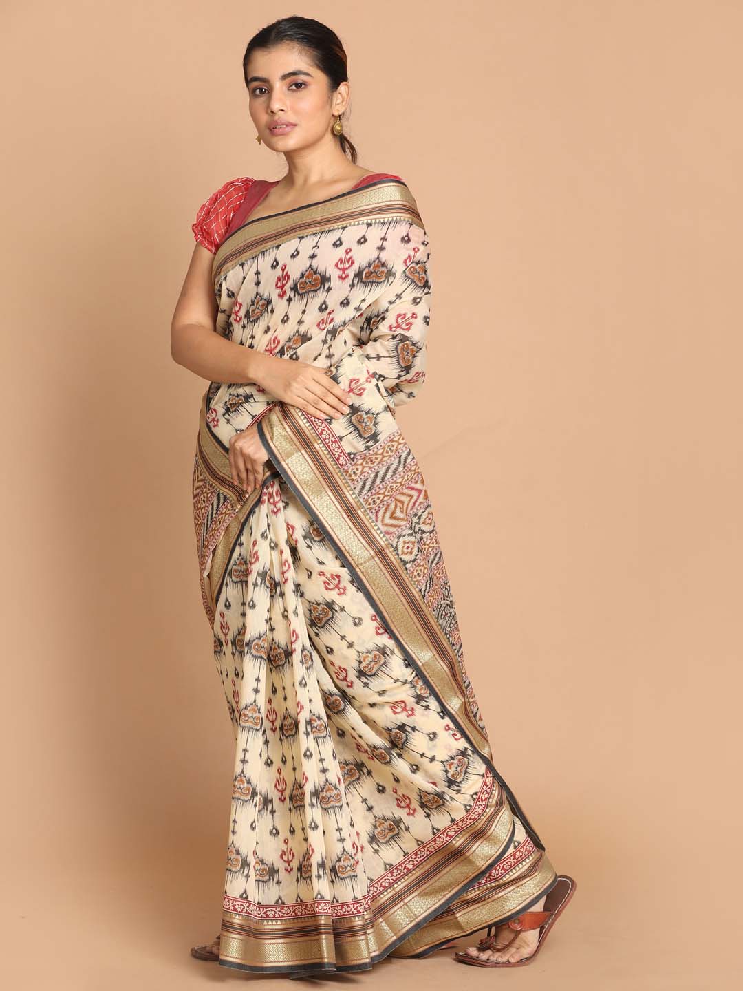 Indethnic Printed Pure Cotton Saree in Black - View 2