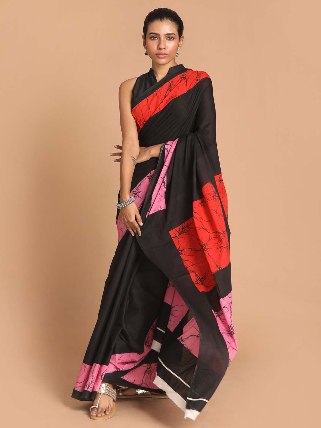 Indethnic Printed Pure Cotton Saree in Black - View 1