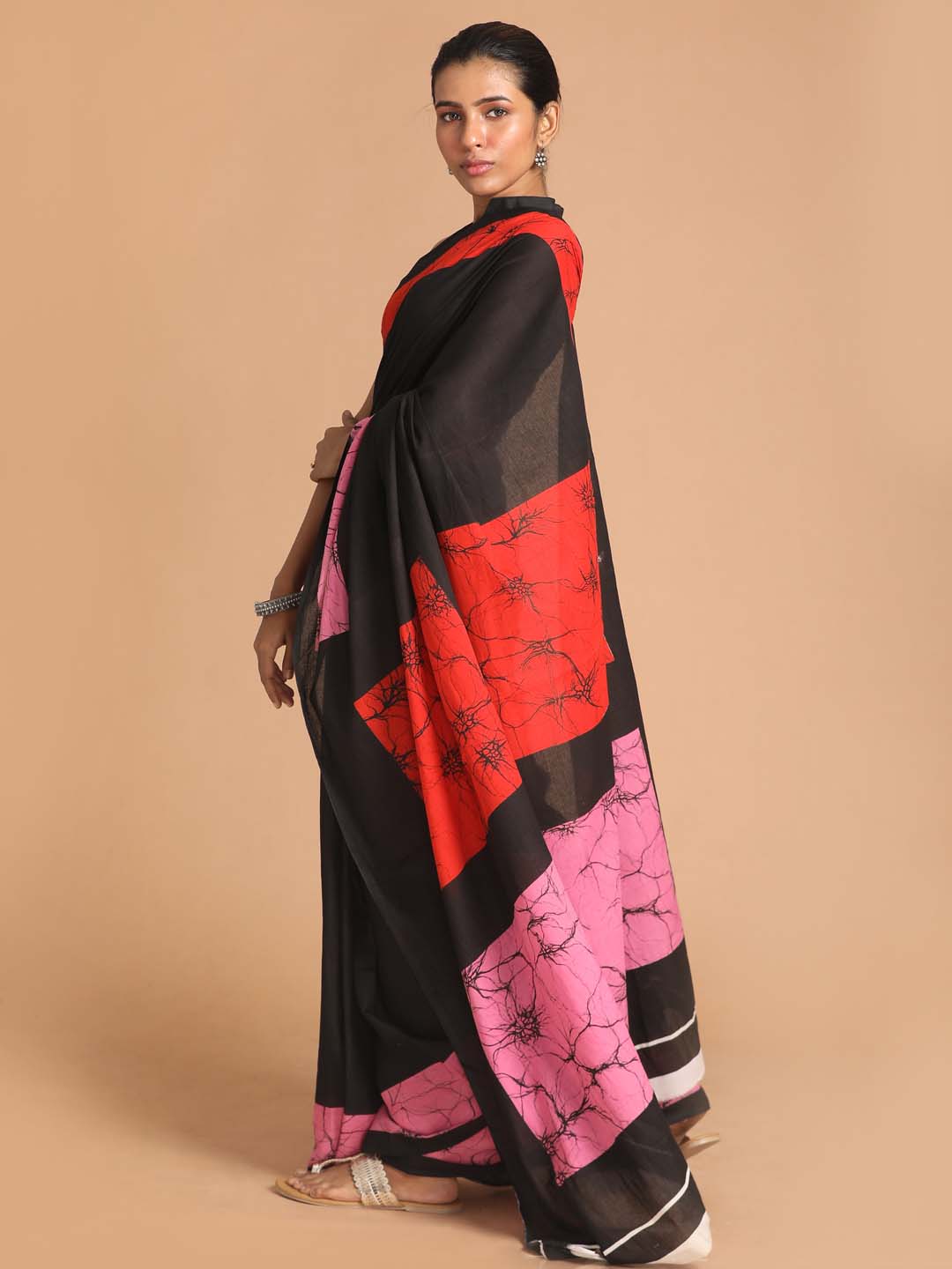 Indethnic Printed Pure Cotton Saree in Black - View 2