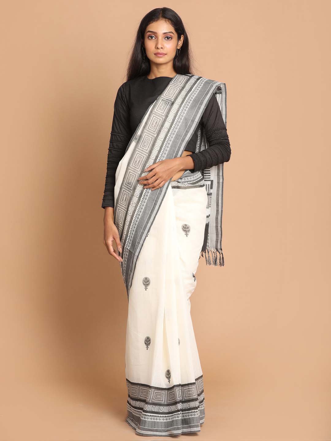 Indethnic Printed Pure Cotton Saree in Black - View 1