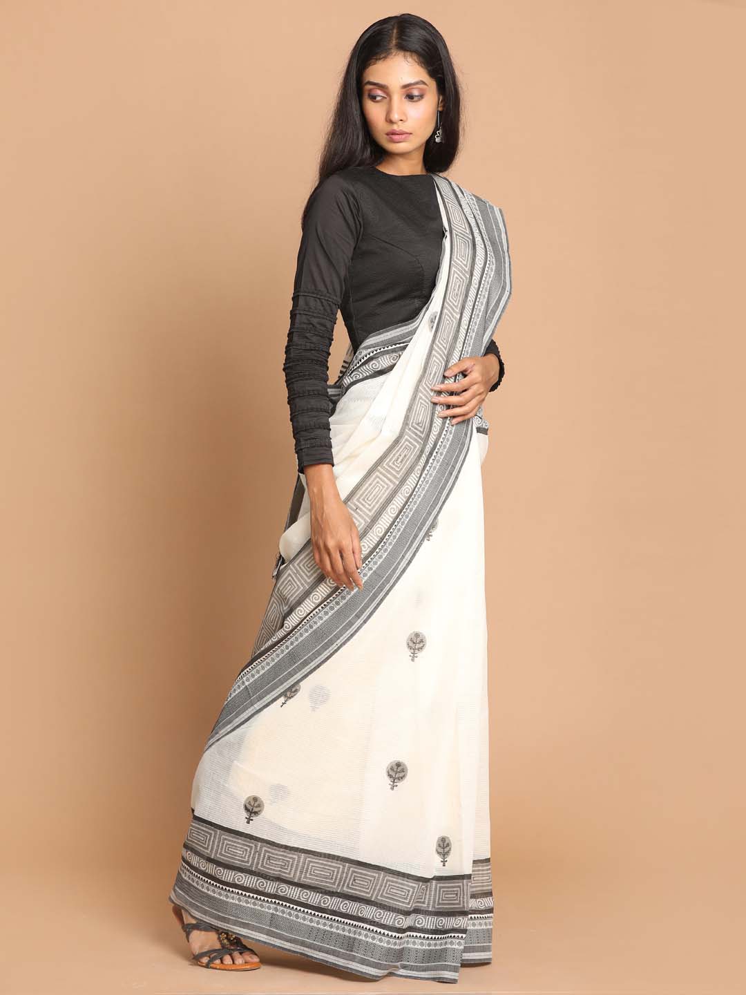 Indethnic Printed Pure Cotton Saree in Black - View 2