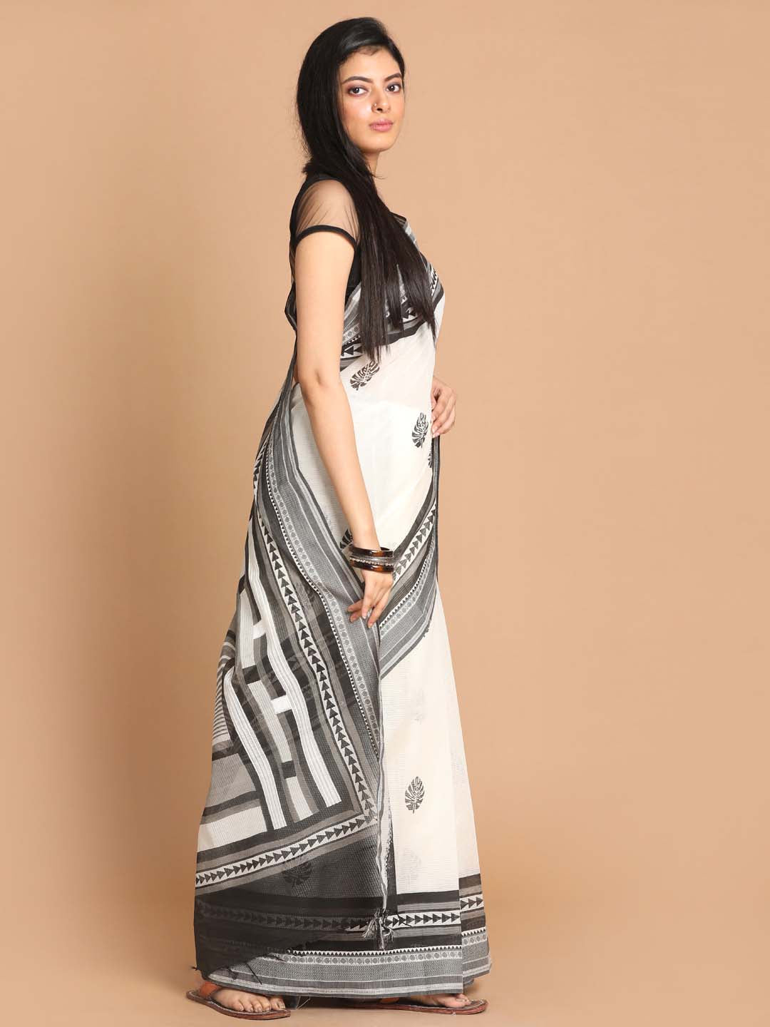 Indethnic Printed Pure Cotton Saree in Black - View 2