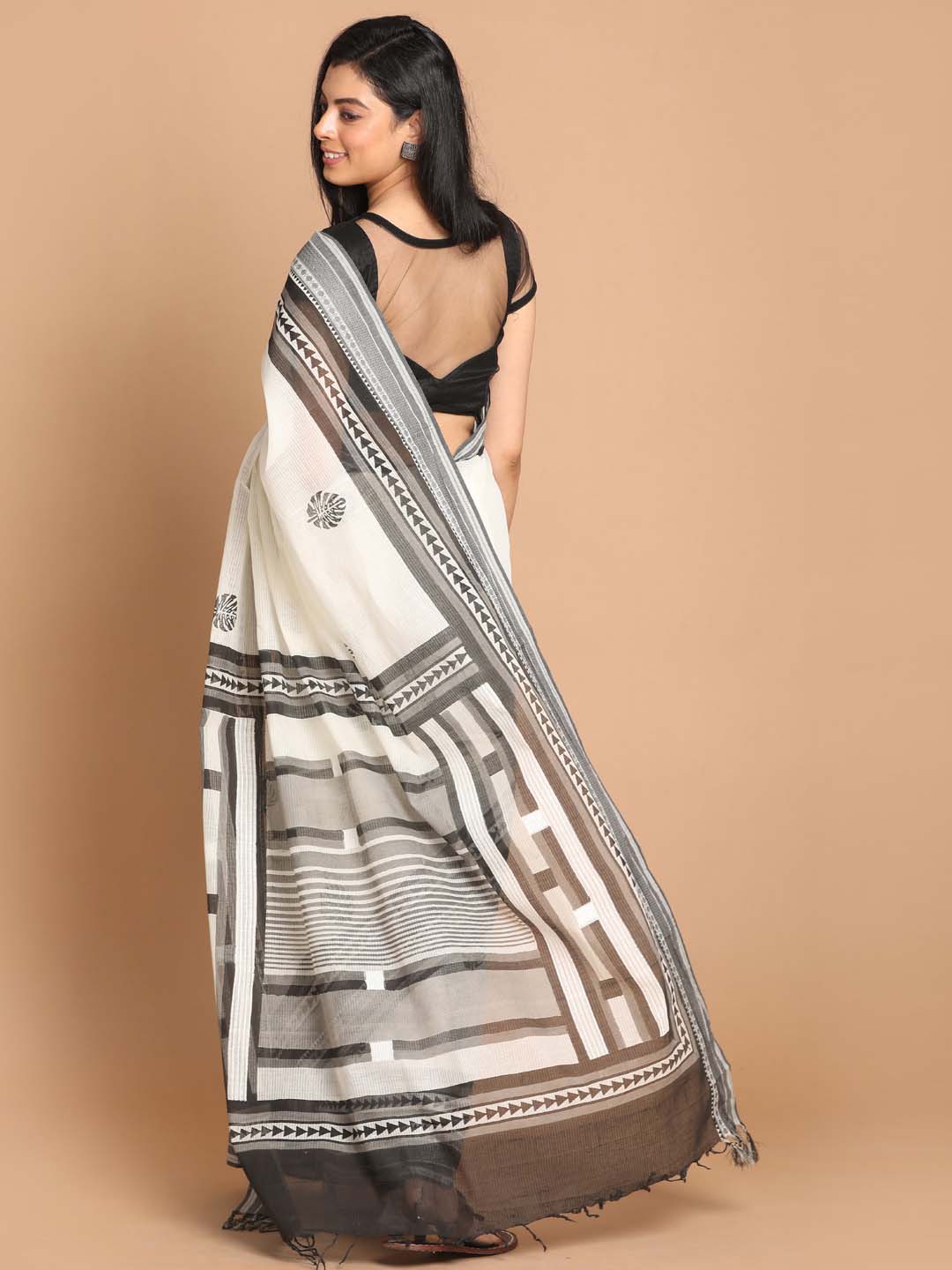 Indethnic Printed Pure Cotton Saree in Black - View 3