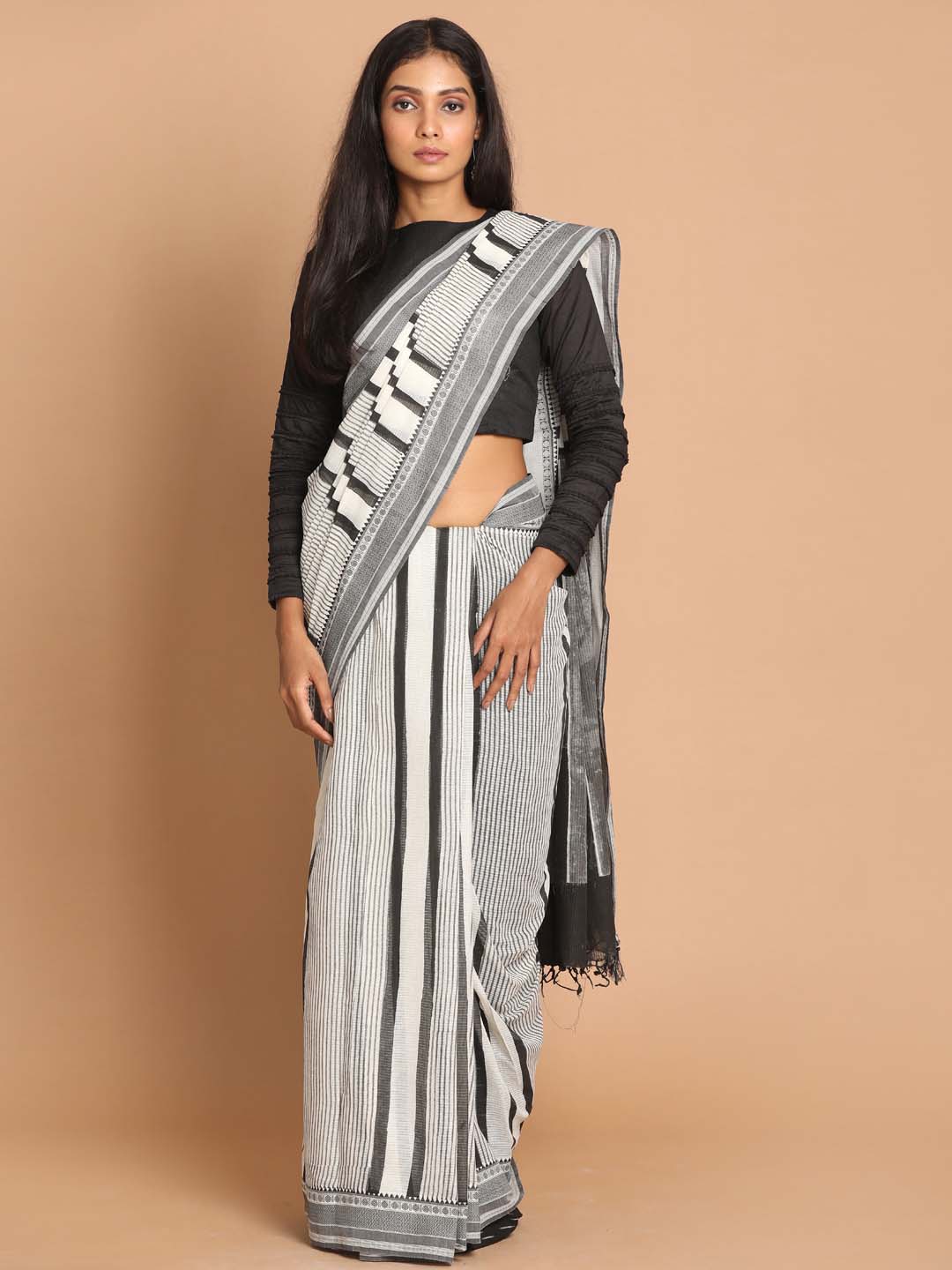 Indethnic Printed Pure Cotton Saree in Black - View 1