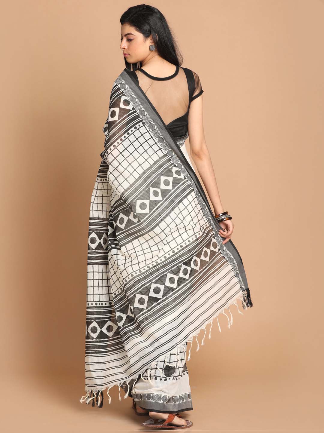 Indethnic Printed Pure Cotton Saree in Black - View 3