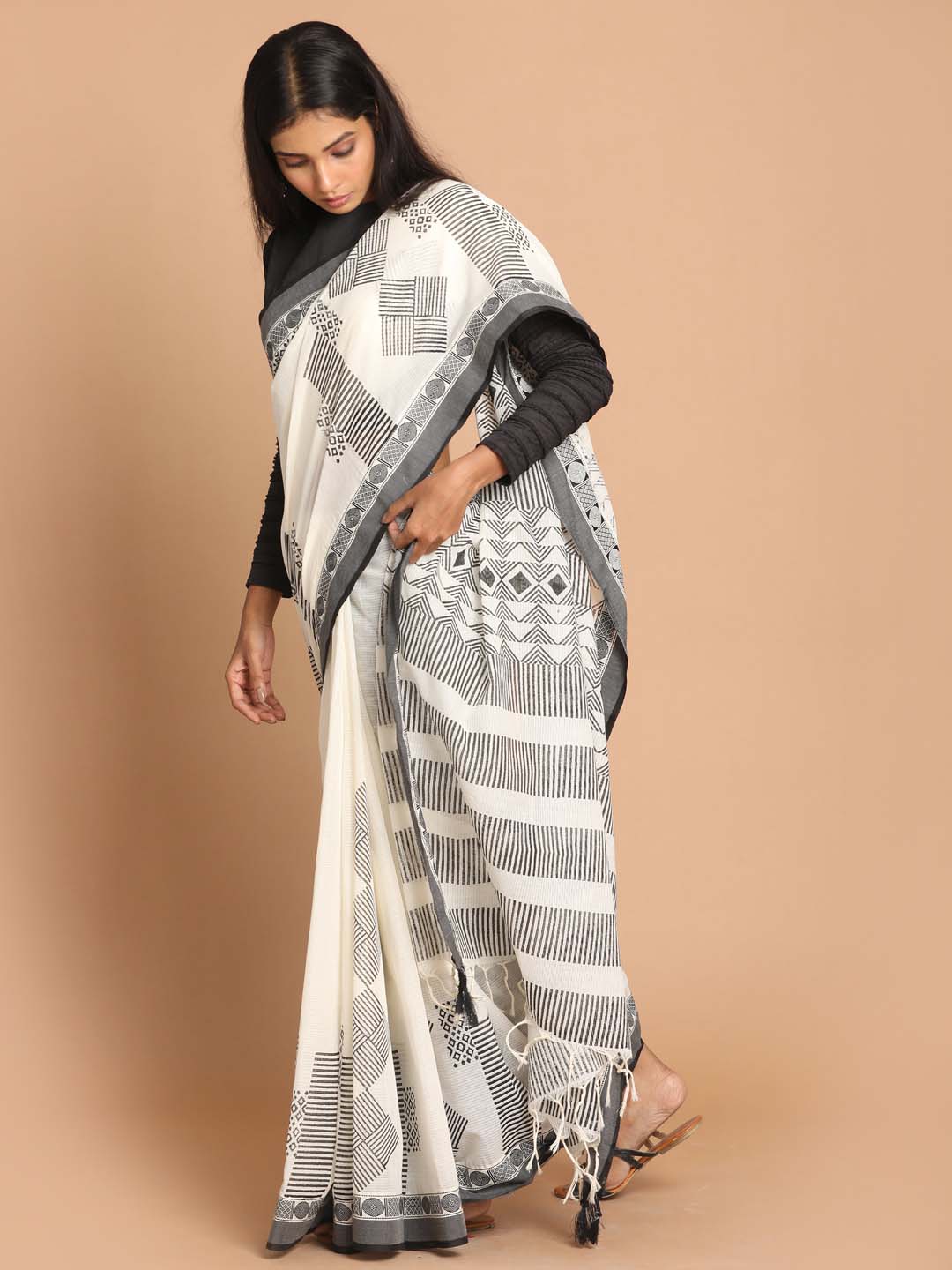 Indethnic Printed Pure Cotton Saree in Black - View 2