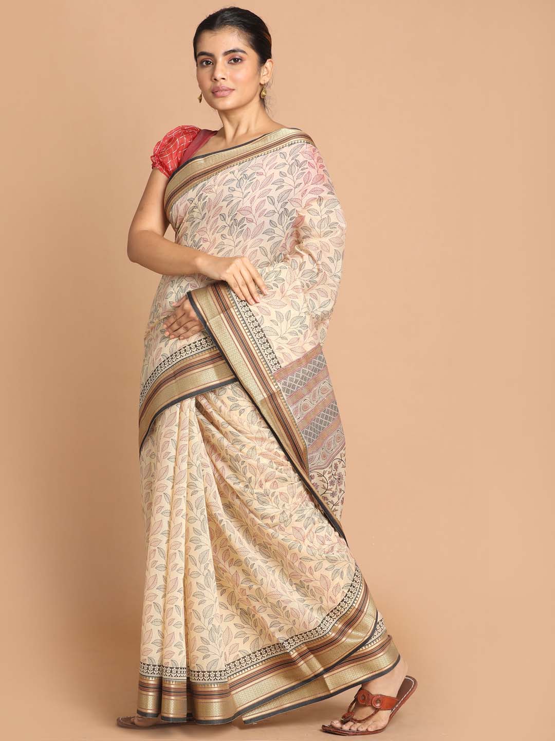 Indethnic Printed Pure Cotton Saree in Black - View 1