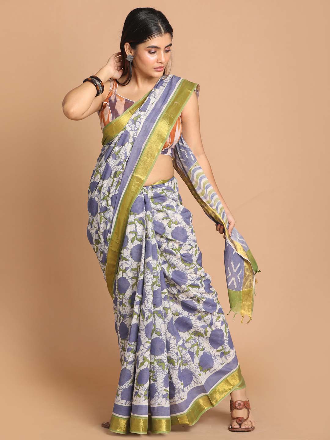 Indethnic Printed Pure Cotton Saree in Blue - View 1