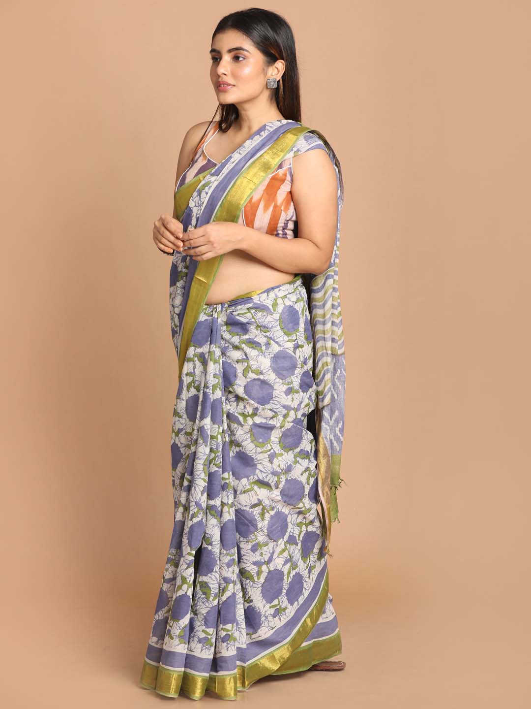 Indethnic Printed Pure Cotton Saree in Blue - View 2