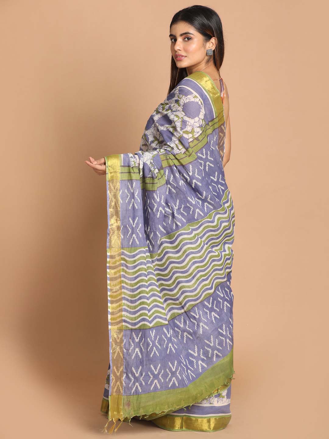 Indethnic Printed Pure Cotton Saree in Blue - View 3