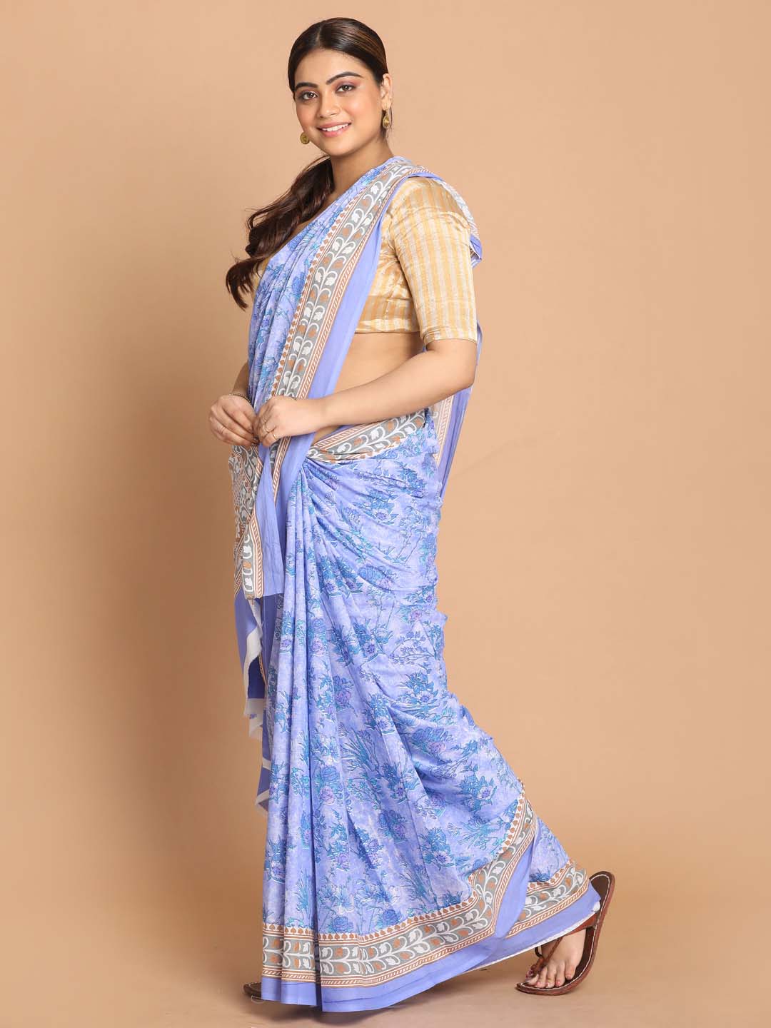 Indethnic Printed Pure Cotton Saree in Lavendar - View 2