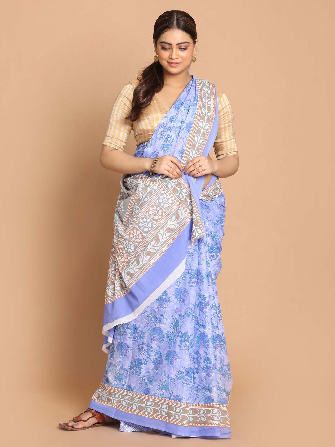 Indethnic Printed Pure Cotton Saree in Lavendar - View 1