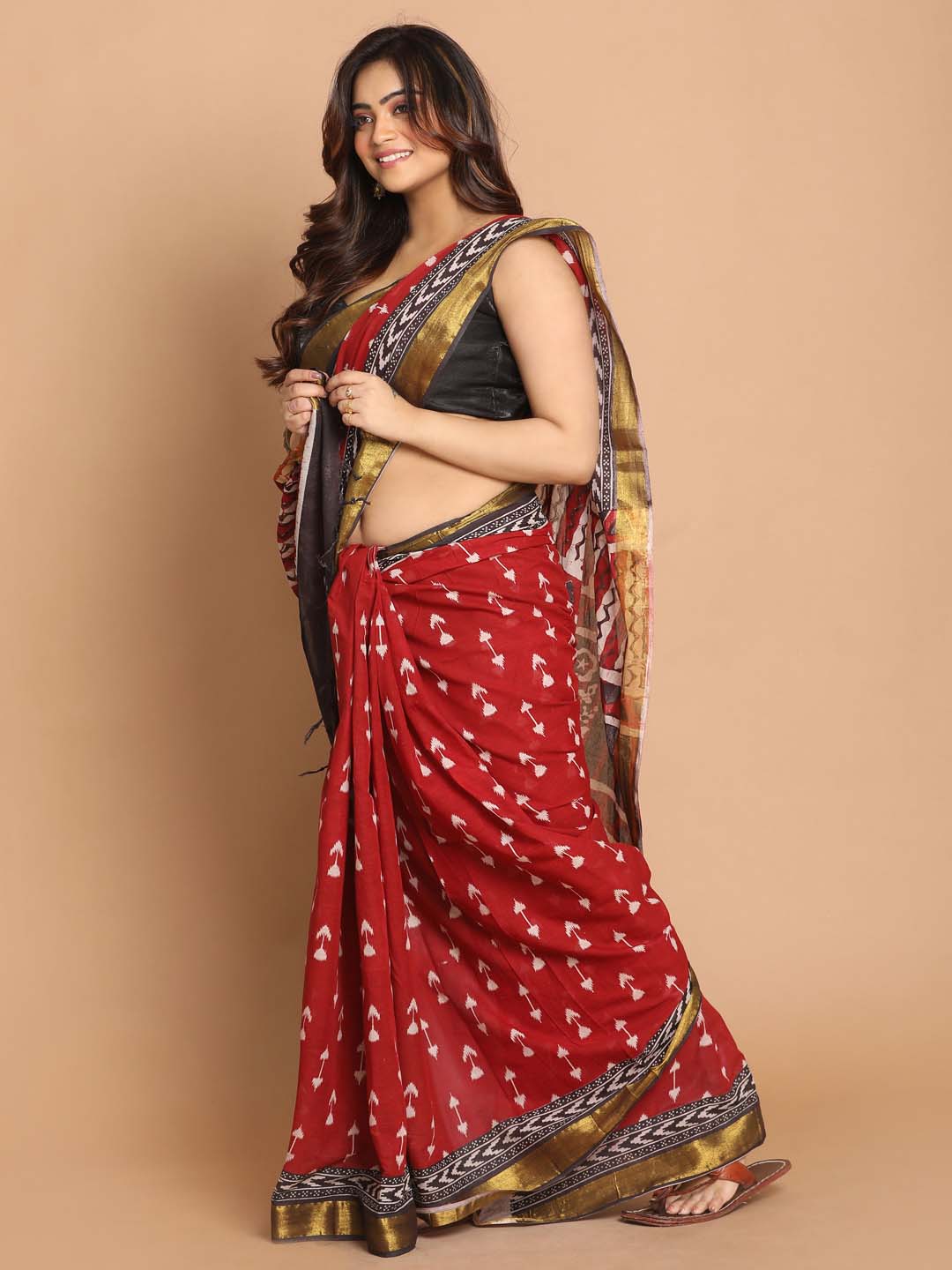 Indethnic Printed Pure Cotton Saree in Maroon - View 2